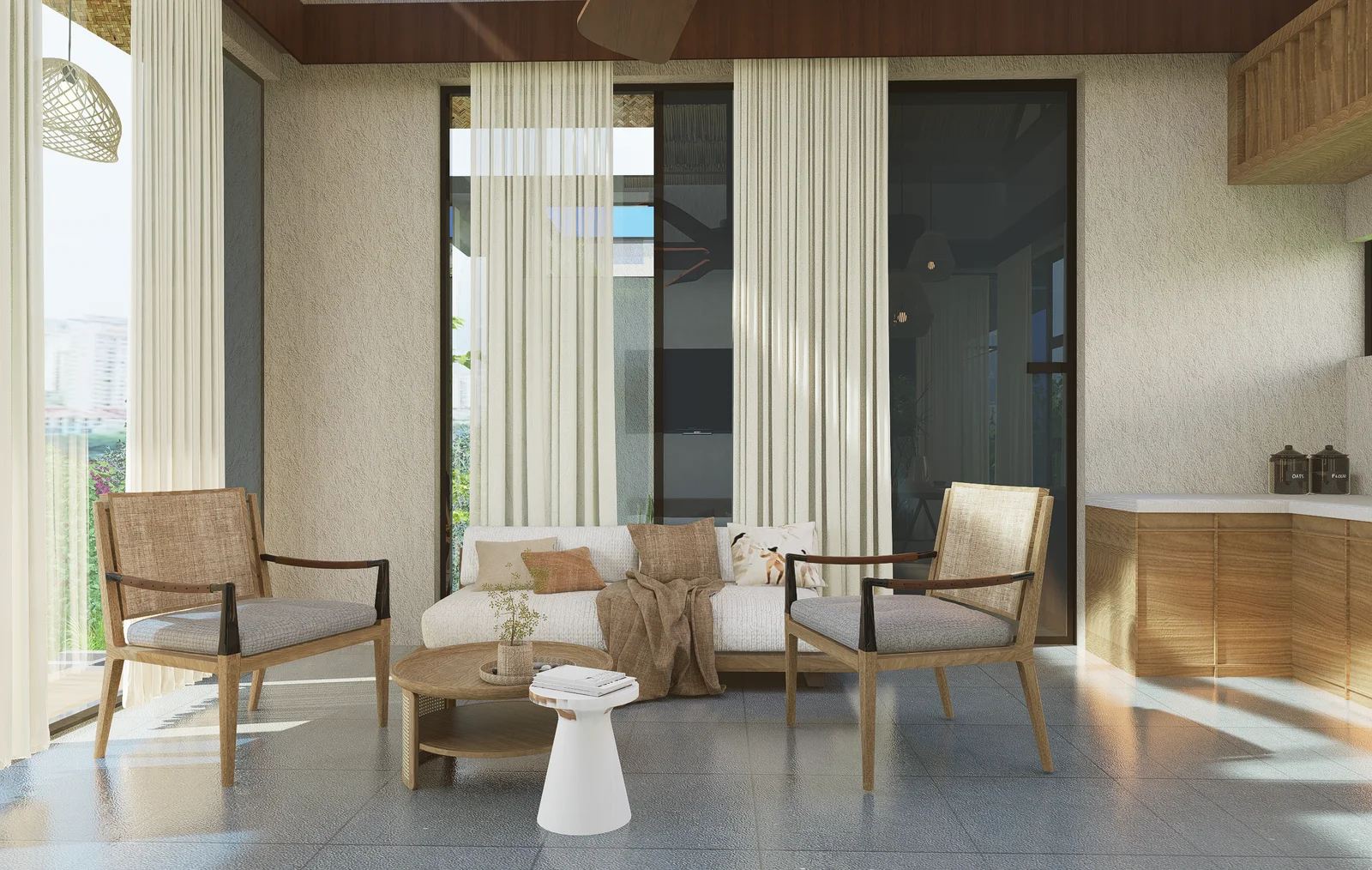 Sunlit contemporary Indian living room with warm wood and natural textures